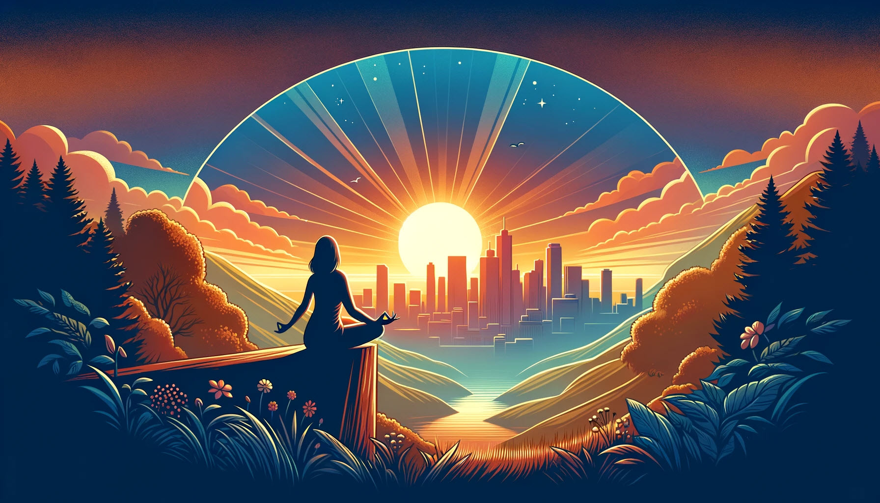 An illustration showing a powerful and hopeful scene of recovery from addiction. It features a serene landscape at sunrise with a person. Individuals sharing their stories of triumph and transformation in drug and alcohol treatment in Winnipeg, Manitoba.